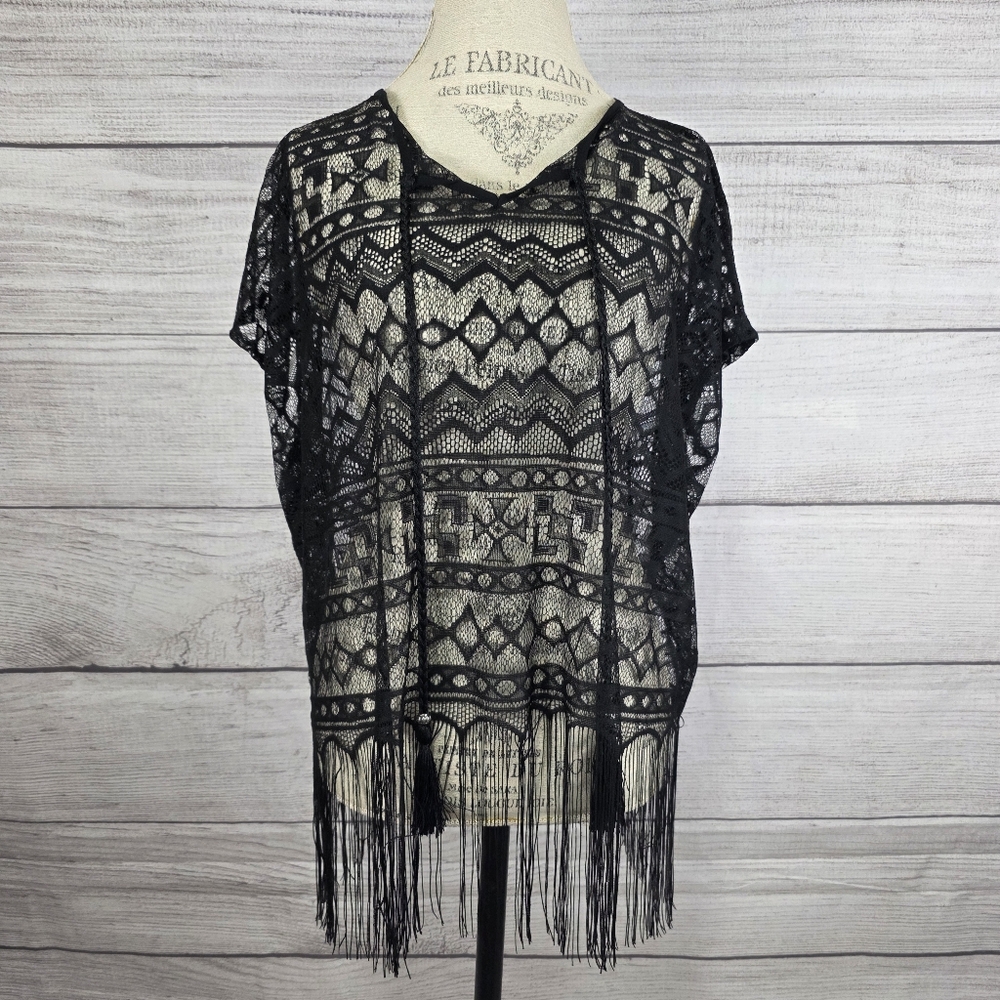 Highness One Size Black Lace Fringe Top